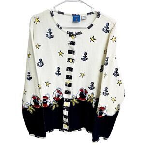 Vintage Nautical Coastal Sailor Stars Grandma Cardigan‎ Size L Artsy Art to Wear